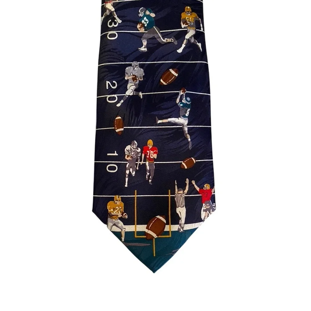 Museum Artifacts Mens Silk Tie Navy Blue Football Field Sports Novelty Print